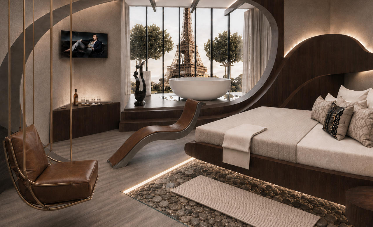 The bathtub as sculpture: a freestanding oval set within a circular stone surround, the Eiffel Tower visible beyond