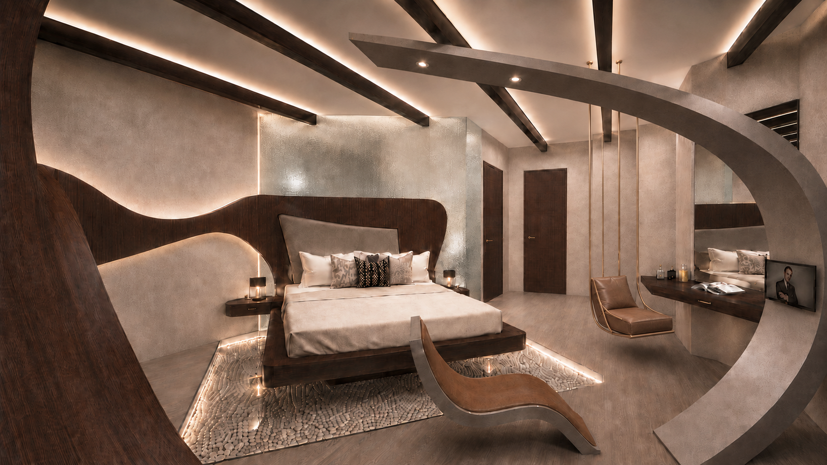 The bedroom in full — walnut arch, angled bed, hanging leather lounger, and warm cove lighting defining the Tom Ford palette